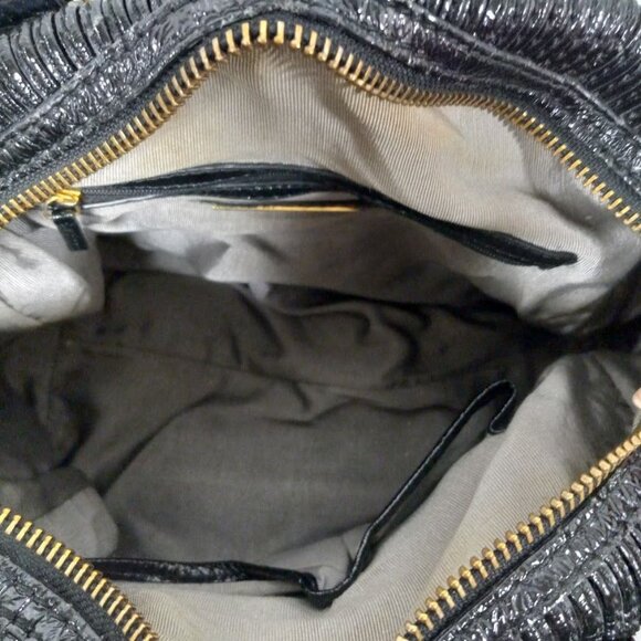 Elliott Lucca Black Patent Leather Handbag With Gold Accents Double Handle Bag - Picture 10 of 15